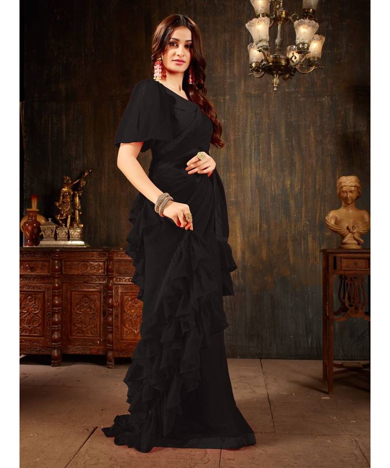 Black Plain Georgette saree with blouse