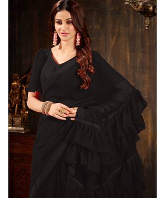 Black Plain Georgette saree with blouse 5