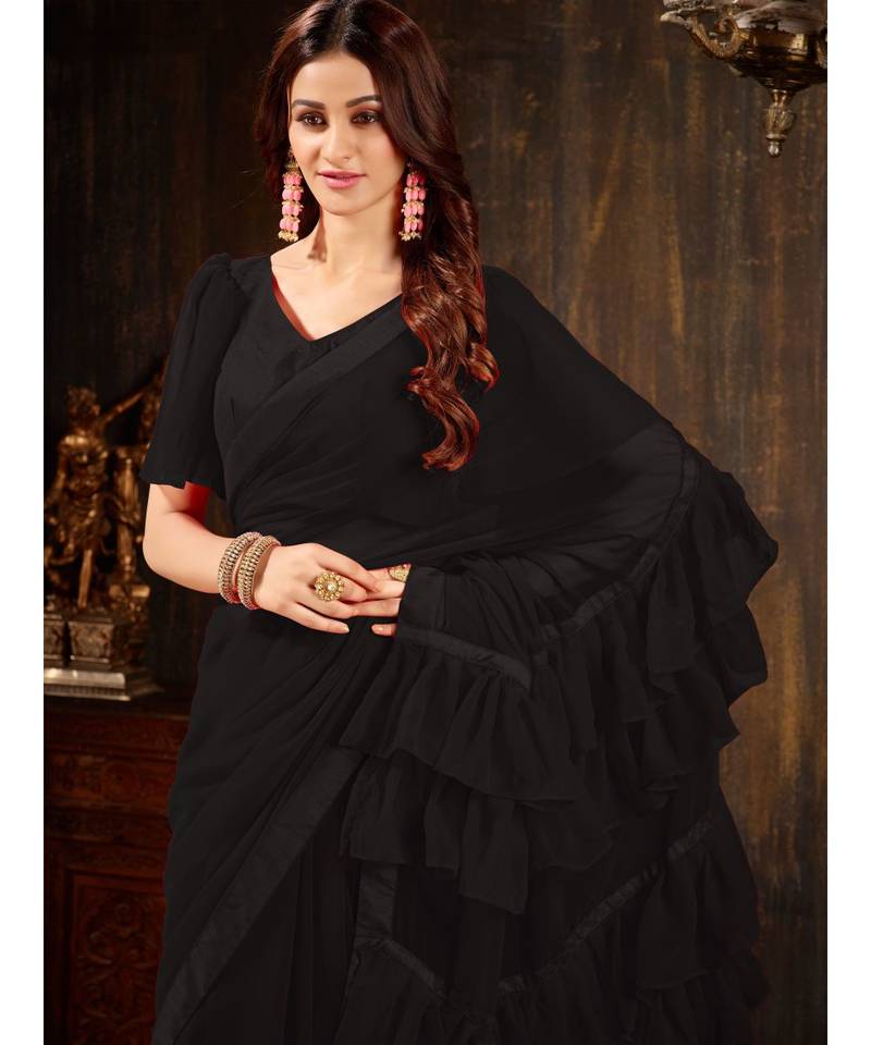 Black Plain Georgette saree with blouse
