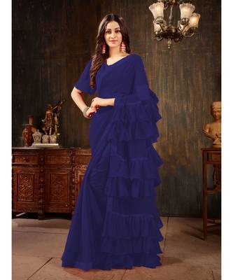 Blue Plain Georgette saree with blouse 1