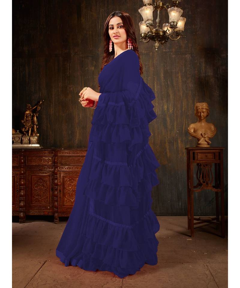 Blue Plain Georgette saree with blouse