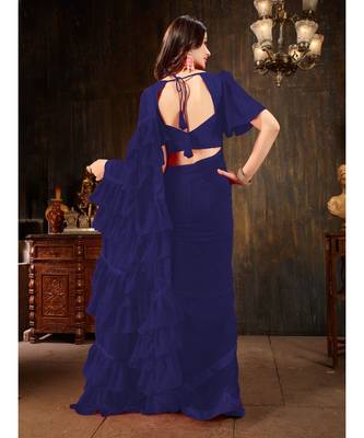 Blue Plain Georgette saree with blouse 3