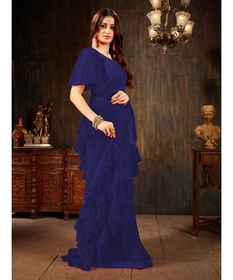 Blue Plain Georgette saree with blouse 4