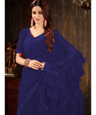 Blue Plain Georgette saree with blouse 5