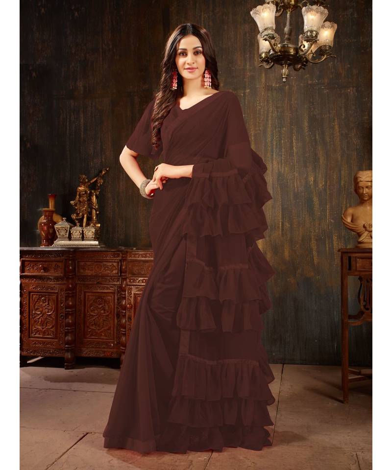 Brown Plain Georgette saree with blouse