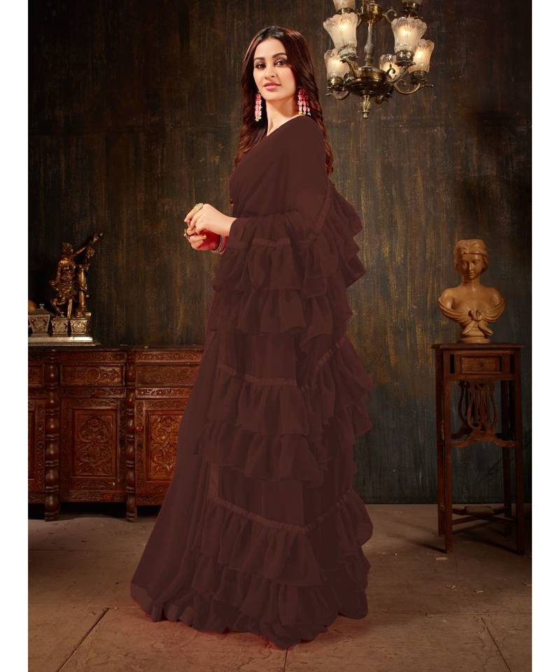 Brown Plain Georgette saree with blouse