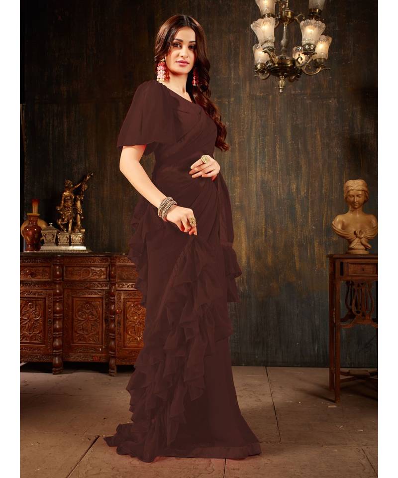 Brown Plain Georgette saree with blouse