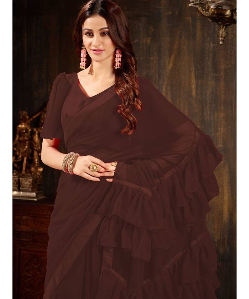 Brown Plain Georgette saree with blouse