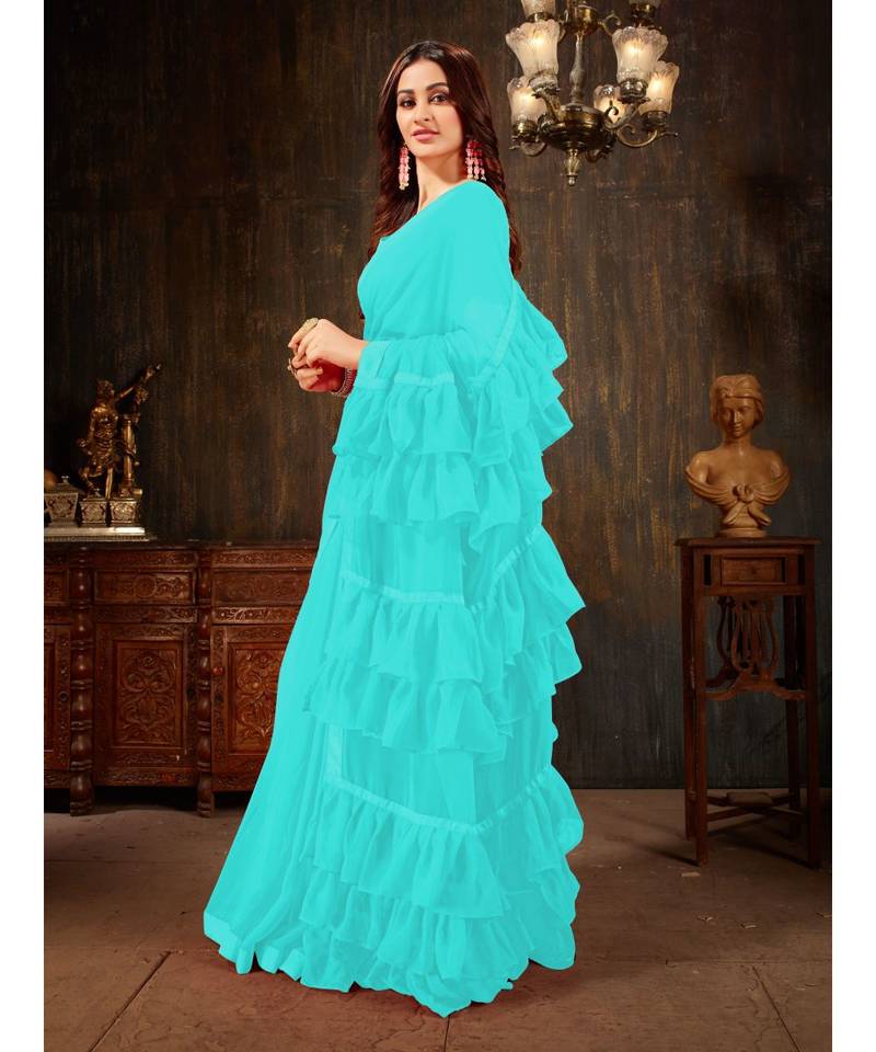 blue Plain Georgette saree with blouse