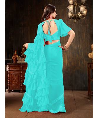 blue Plain Georgette saree with blouse 3