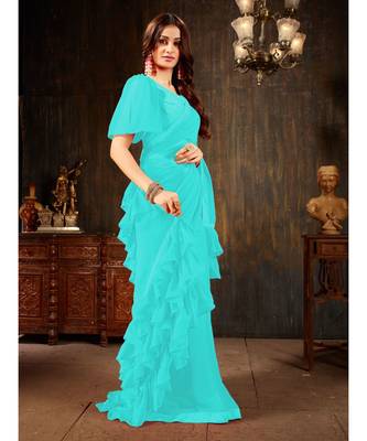blue Plain Georgette saree with blouse 4