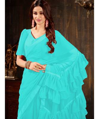 blue Plain Georgette saree with blouse 5