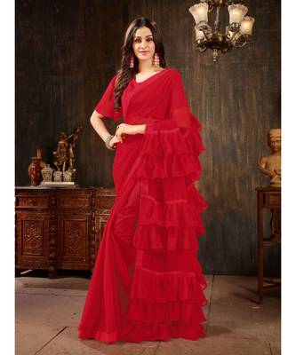 Red Plain Georgette saree with blouse 1