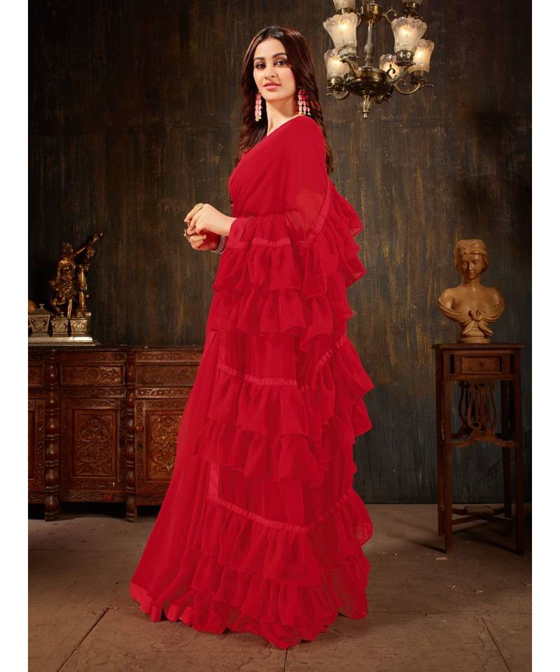 Red Plain Georgette saree with blouse