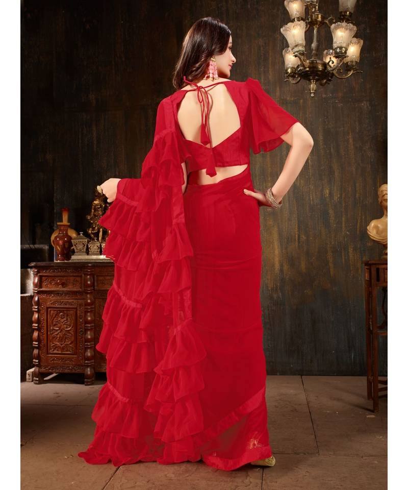 Red Plain Georgette saree with blouse