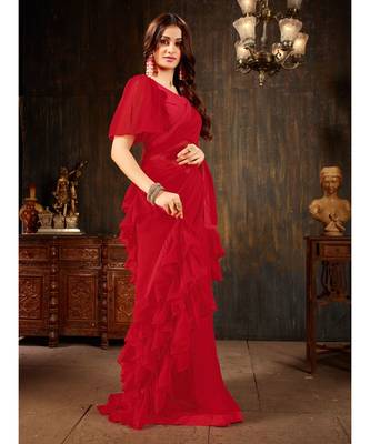 Red Plain Georgette saree with blouse 4