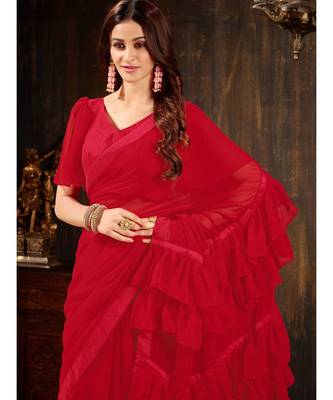 Red Plain Georgette saree with blouse 5