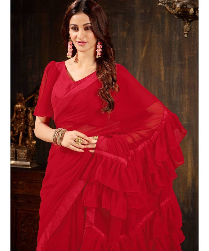 Red Plain Georgette saree with blouse