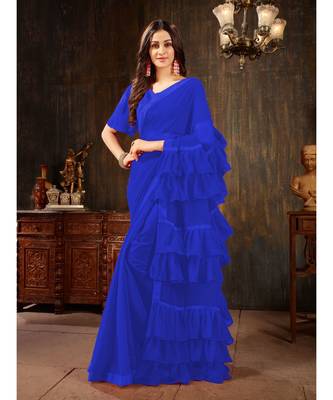 Blue Plain Georgette saree with blouse 1