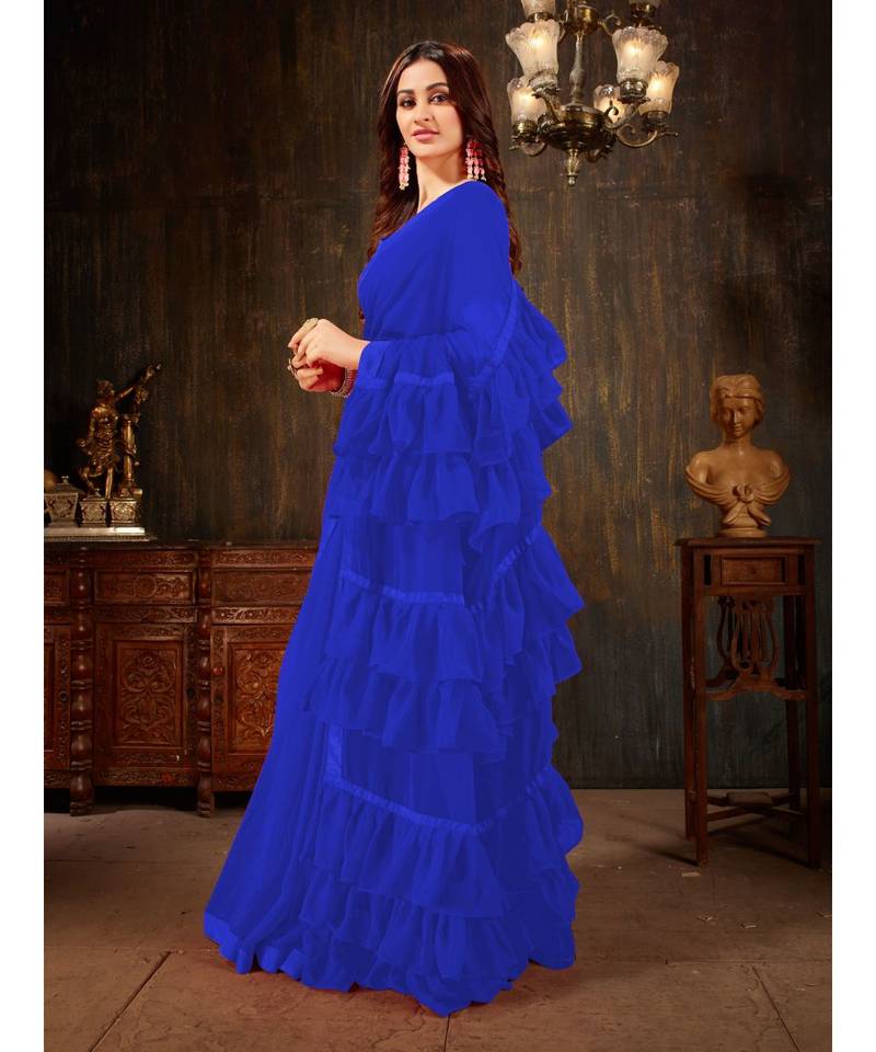 Blue Plain Georgette saree with blouse