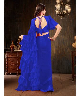 Blue Plain Georgette saree with blouse 3