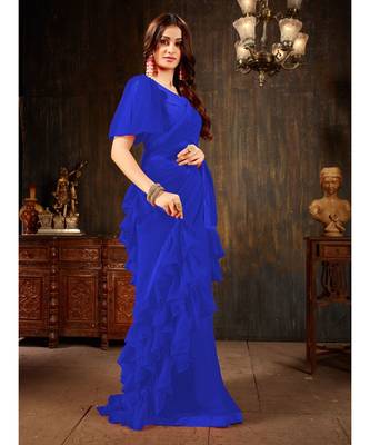 Blue Plain Georgette saree with blouse 4