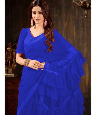 Blue Plain Georgette saree with blouse 5