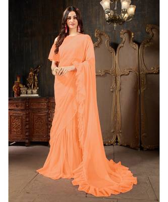 Peach Plain Georgette saree with blouse 1