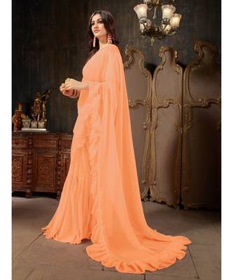 Peach Plain Georgette saree with blouse 2