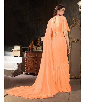 Peach Plain Georgette saree with blouse 3
