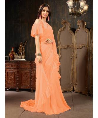 Peach Plain Georgette saree with blouse 4