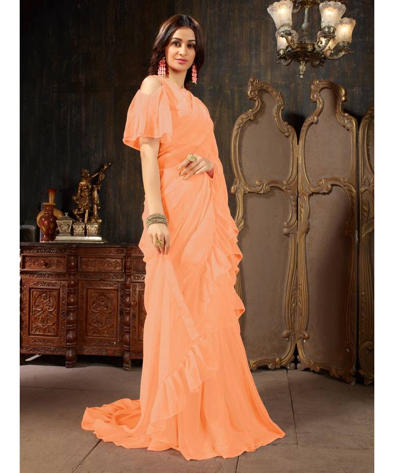 Peach Plain Georgette saree with blouse