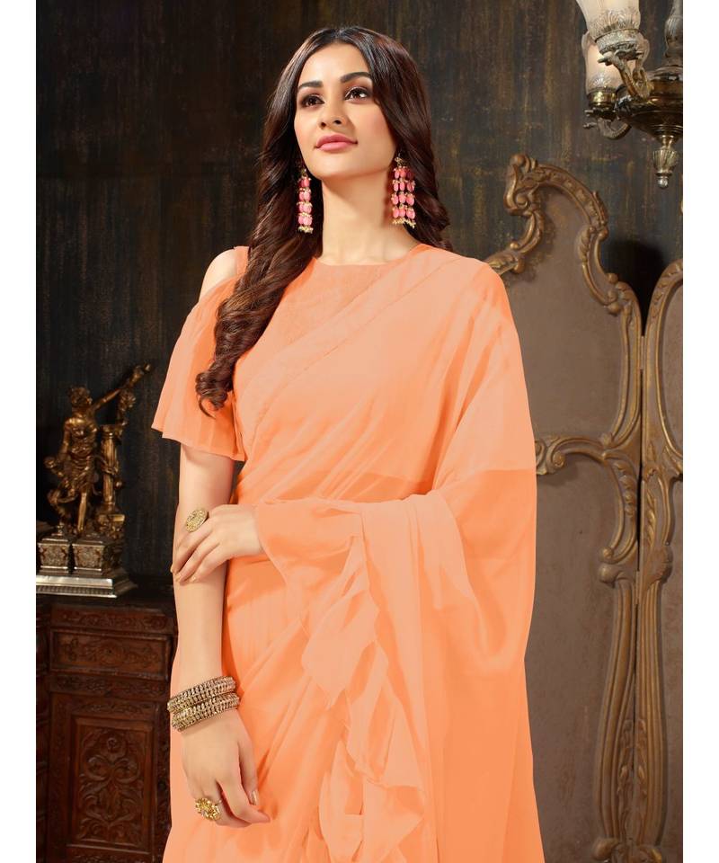Peach Plain Georgette saree with blouse