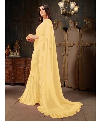 Yellow Plain Georgette saree with blouse 2