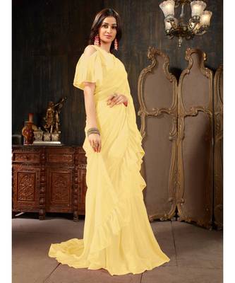 Yellow Plain Georgette saree with blouse 4