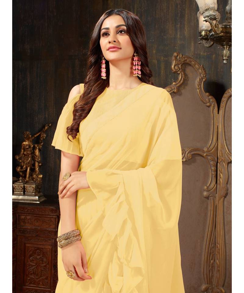 Yellow Plain Georgette saree with blouse
