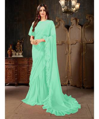 Turquoise Plain Georgette saree with blouse 1