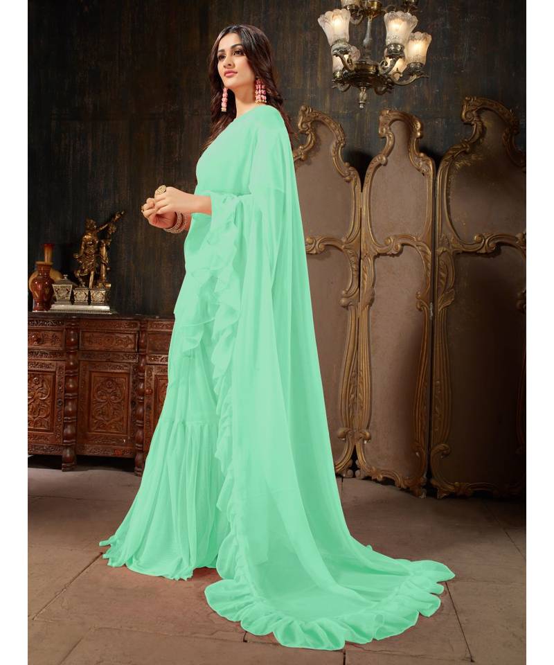 Turquoise Plain Georgette saree with blouse