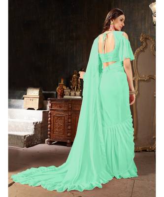 Turquoise Plain Georgette saree with blouse 3