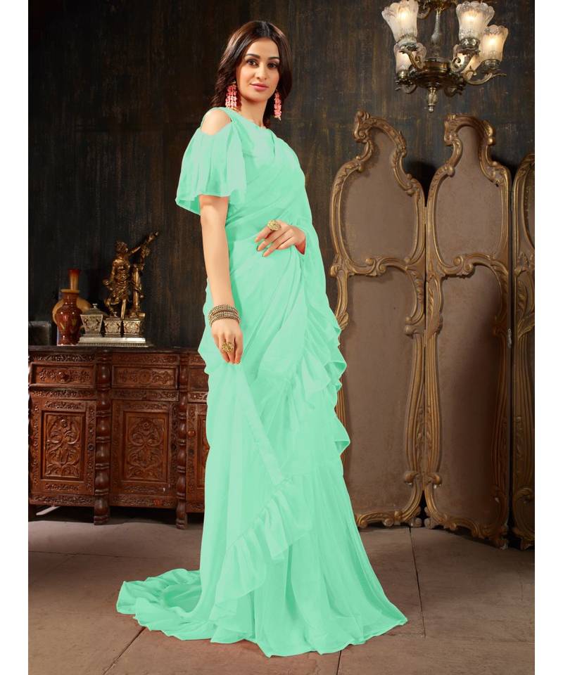 Turquoise Plain Georgette saree with blouse