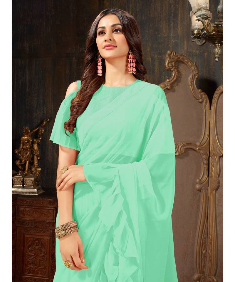 Turquoise Plain Georgette saree with blouse