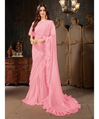 Pink Plain Georgette saree with blouse 1