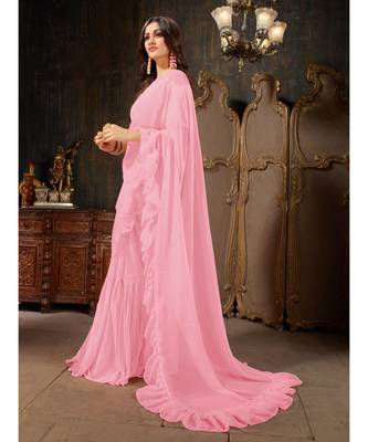 Pink Plain Georgette saree with blouse 2