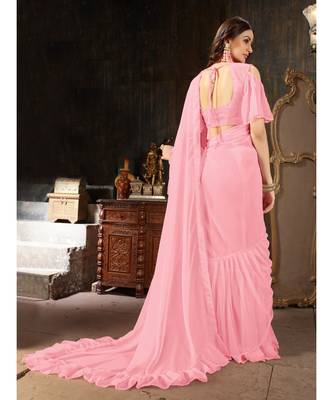 Pink Plain Georgette saree with blouse 3