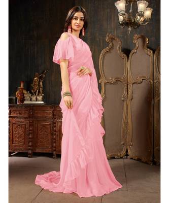Pink Plain Georgette saree with blouse 4