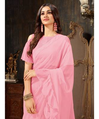 Pink Plain Georgette saree with blouse 5