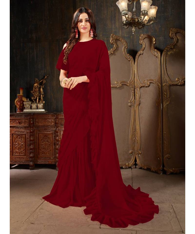 Maroon Plain Georgette saree with blouse