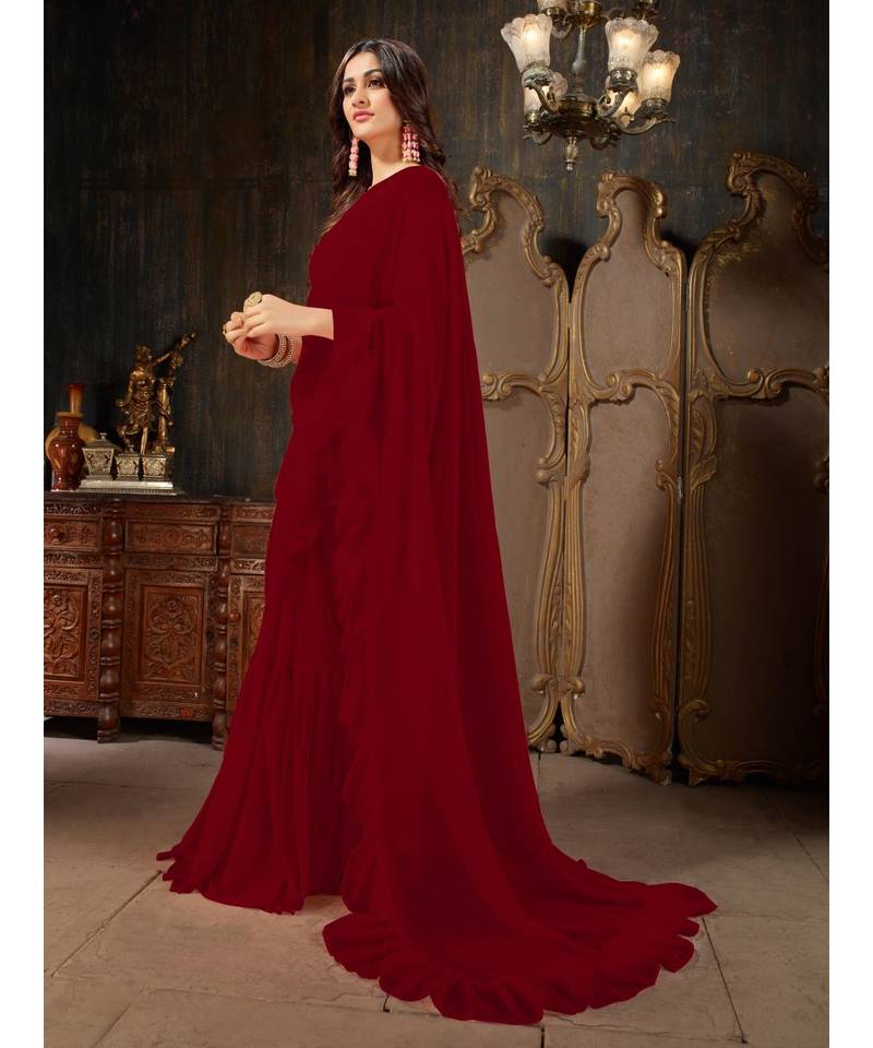 Maroon Plain Georgette saree with blouse