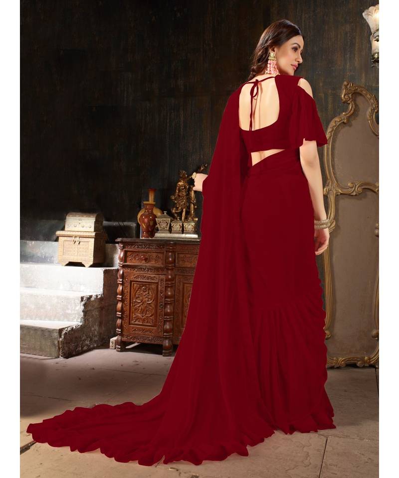 Maroon Plain Georgette saree with blouse