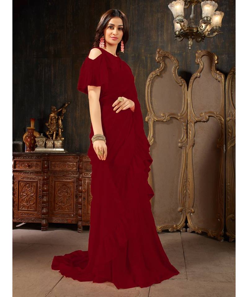 Maroon Plain Georgette saree with blouse